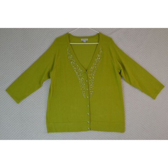 Susan Graver Sweaters - Susan Graver Women's Large Green Embellished 3/4 Sleeve Button Cardigan Sweater